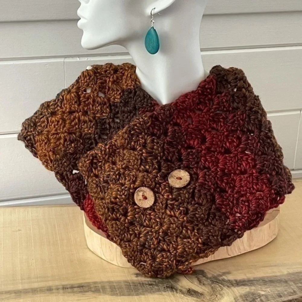 Handmade Extra Soft Button Statement Scarf in Fall Autumn Sunset Crochet Knit